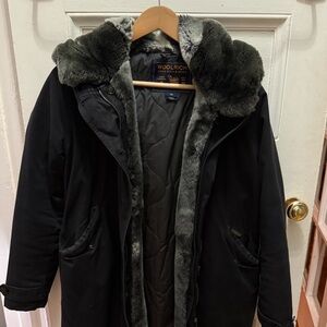 Woolrich Black Trench Coat with Gray Fur Trim - rabbit fur or faux fur.